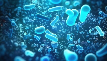 Poster - Microscopic View of Vibrant Bacteria in a Colonized Environment Displaying Diverse Shapes and Textures Under Advanced Imaging Techniques