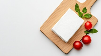 Wall Mural - Fresh blocks of creamy white cheese with ripe red tomatoes and mint leaves on a wooden cutting board setting