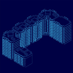 Poster - Blue drawing of a building with a lot of windows. The building is tall and has a lot of windows