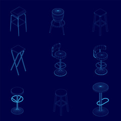 Poster - Series of blue chairs are shown in different positions. The chairs are all different shapes and sizes, but they all have a similar design. The chairs are arranged in a grid pattern