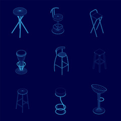 Poster - Collection of blue chairs and stools are shown in a blue background. The chairs and stools are all different shapes and sizes, with some having a more modern design