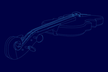 Blue drawing of a violin with a blue background. The violin is shown in a stylized way, with the strings and body of the instrument emphasized. Concept of creativity and artistic expression