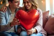 © indofootage - Happy Valentine's Day. Young couple in love holding a heart-shaped balloon while sitting on the sofa in the living room. Macro shot