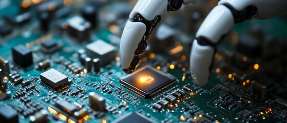 Poster - Closeup of a robot finger interacting with a computer chip circuit, showcasing futuristic digital technology, AI, and electronic innovation