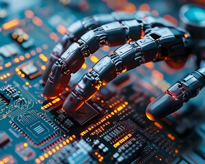 Poster - Closeup of a robot finger gently touching a computer chip circuit, showcasing futuristic digital technology, advanced robotics, and precision engineering