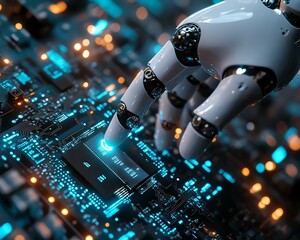 Poster - Closeup of a robot finger gently touching a computer chip circuit, showcasing futuristic digital technology, advanced robotics, and precision engineering
