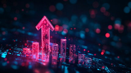 Leinwandbilder - Digital representation of growth through upward arrow and bar graph at night with pink and blue lights.