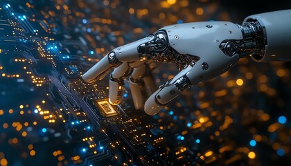 Poster - Robot finger making contact with a computer chip circuit, symbolizing cuttingedge digital technology, AI, and futuristic advancements in electronics