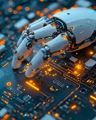 Poster - Robot finger delicately touching the surface of a computer chip, emphasizing digital technology, AI interaction, and futuristic engineering designs
