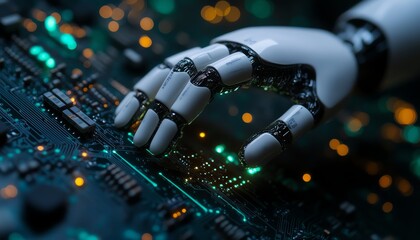 Poster - Robot finger making contact with a computer chip circuit, symbolizing cuttingedge digital technology, AI, and futuristic advancements in electronics