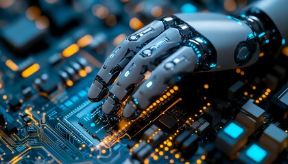 Poster - Robot finger making contact with a computer chip circuit, symbolizing cuttingedge digital technology, AI, and futuristic advancements in electronics