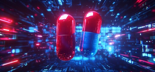 Two colorful capsules in a futuristic digital environment.