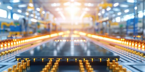 Poster - A vibrant view of a semiconductor manufacturing facility, highlighting intricate circuitry and glowing components, symbolizing advanced technology.