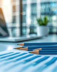 Poster - A close-up view of pencils beside a document with lines, set against a blurred office background featuring a laptop and a plant.