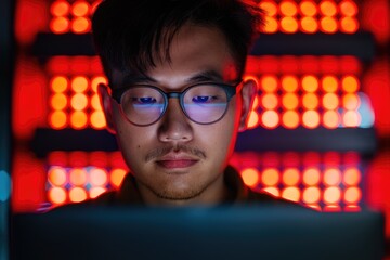 Poster - A focused individual working on a computer, illuminated by vibrant red lights in a modern, tech-inspired environment.