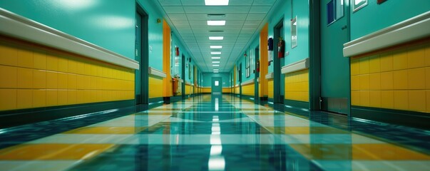 Poster - A vibrant, colorful corridor featuring yellow and teal walls, with polished floors reflecting overhead lights.