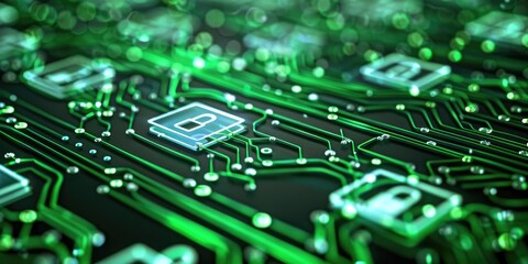Poster - A close-up of a circuit board featuring green patterns and lock symbols, symbolizing digital security and technology.