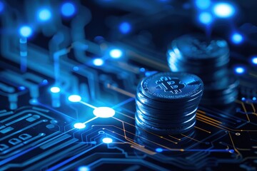Poster - A close-up view of stacked coins on a circuit board, illuminated by blue lights, symbolizing the intersection of finance and technology.