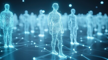 Poster - Digital Human Network: Abstract figures representing a global network, interconnected and glowing with digital energy.  A futuristic vision of connection and community.