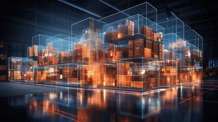 Poster - Futuristic Technology Concept of Retail Logistics with Transparent Storage Cubes and Digital Elements in Modern Warehouse Environment
