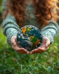 Wall Mural - Young woman holding earth symbol icon in hand on natural green grass, symbolizing sustainability, ecology, and renewable energy for environmental conservation