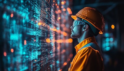 Aufkleber - Engineer in helmet at a construction site, looking at work with a glowing double exposure light effects background, symbolizing innovation in construction and engineering