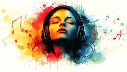 Poster - Vibrant abstract design of a woman with headphones, immersed in music notes, representing the power of creativity and artistic expression, perfect for banners