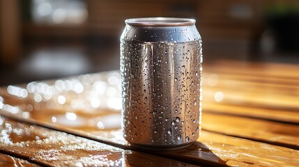 10. A silver can with condensation droplets sitting in the center of a wooden table, with soft ambient light