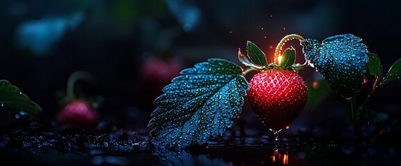 Wall Mural - Dew-covered strawberry glowing at night.