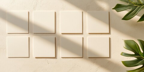 Poster - Minimalist Arrangement of Blank Business Cards on Sunlit Surface with Tropical Leaves