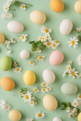 Poster - Pastel Easter Eggs and Daisies on Green Background Festive and Whimsical Display
