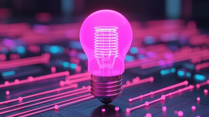Wall Mural - a vibrant pink light bulb illuminates a digital grid, symbolizing innovation and technology in a mod