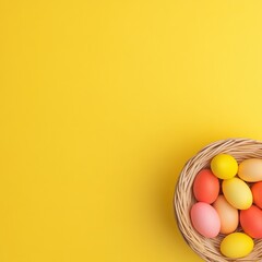 Aufkleber - Vibrant Easter Eggs in Wicker Basket on Bright Yellow Background
