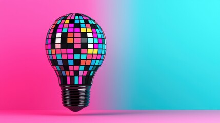 Wall Mural - a vibrant disco-themed light bulb with a mosaic design, set against a gradient pink and blue backgro