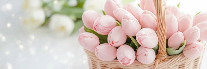 Poster - Beautiful Pastel Tulips in Wicker Basket - Elegant Spring Floral Arrangement