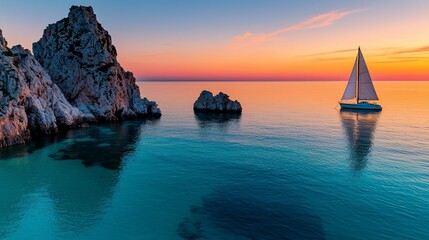 Poster - Serene sunset seascape with sailboat and rocky coast.