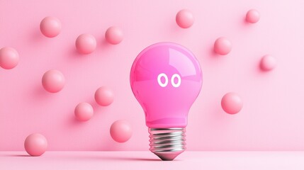 Wall Mural - a whimsical pink light bulb stands against a soft pink background, surrounded by playful spheres, cr