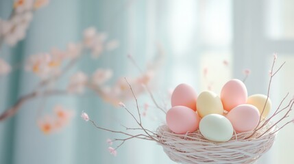 Poster - Pastel Easter Eggs in Decorative Basket with Twigs on Soft Focus Background