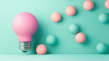 Wall Mural - a whimsical pink light bulb next to pastel-colored spheres on a teal background, creating a playful 