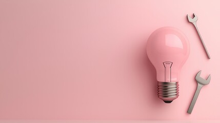 Wall Mural - a pink light bulb and two wrenches are depicted against a soft pink background, symbolizing creativi