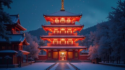 Illuminated Pagoda Winter Scene, Japan - Winter Scenes