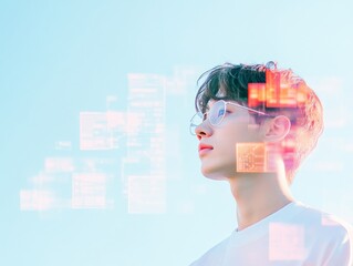 Aufkleber - Young Man with Glasses and Digital Overlays in Modern Technology Concept