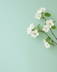 Poster - Minimalist White Blossoms on Soft Pastel Green Background - Serene Vintage Floral Concept