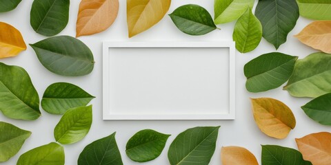 Canvas Print - Minimalist Flat Lay with Green and Autumn Leaves in White Frame for Creative Projects