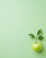 Poster - Minimalistic Green Apple with Leaves on Soft Pastel Background