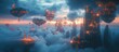© U.D.I.N - A Futuristic City in the Clouds: A Digital Painting of a Stunning Aerial View of a Cloud City at Sunset