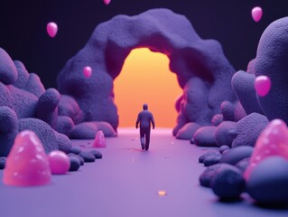 Poster - Journey through a vibrant cave abstract landscape digital art surreal environment fantasy viewpoint