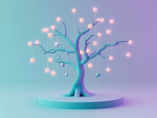 Poster - Illuminated artistic tree sculpture studio 3d render minimalist close-up creative design concepts