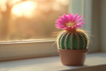 Wall Mural - A 3D illustration of a small cactus with a bright pink flower, perched on a windowsill with soft sunlight.