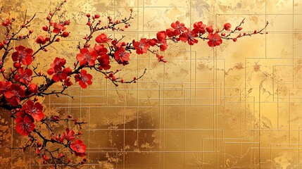 Wall Mural - A layered golden background featuring intricate traditional Japanese grid textures and red floral elements